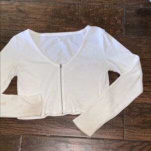 White Long Sleeve Zip-Up Top Blouse Size L